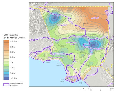 Precipitation 85th percentile isohyet map for Los Angeles County, used as input for the SBPAT model